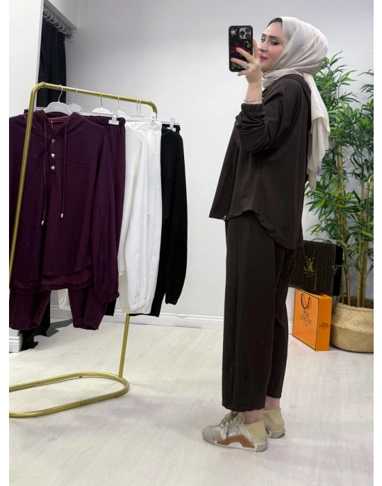 Oysho Kumaş Şalvar Pantolonlu Spor İkili Takım Kahverengi