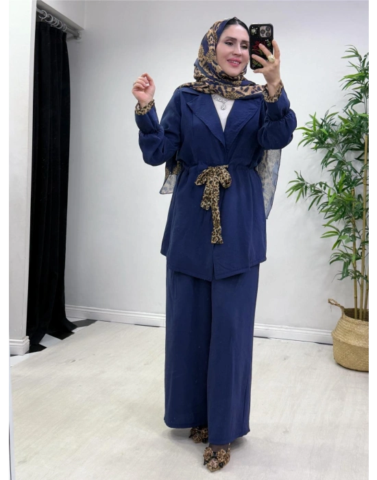 Leopar Detaylı Qupra Takım Lacivert