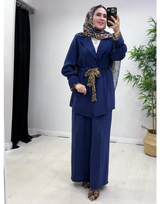 Leopar Detaylı Qupra Takım Lacivert