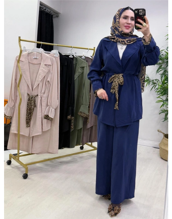 Leopar Detaylı Qupra Takım Lacivert