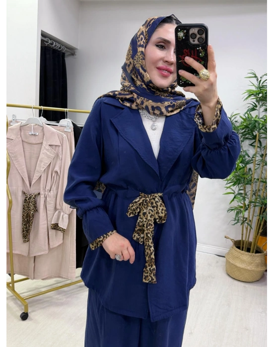 Leopar Detaylı Qupra Takım Lacivert