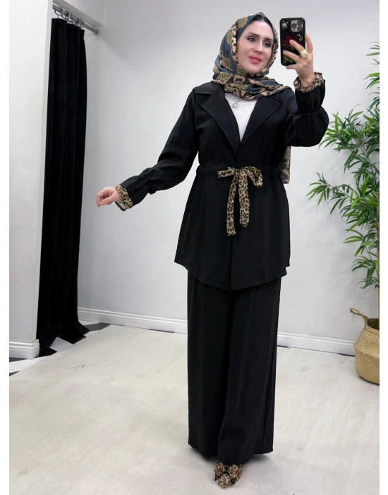 Leopar Detaylı Qupra Takım Siyah