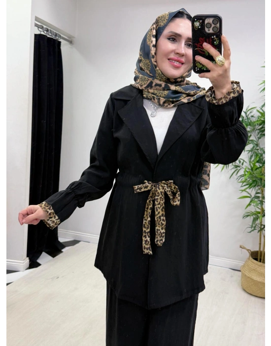 Leopar Detaylı Qupra Takım Siyah