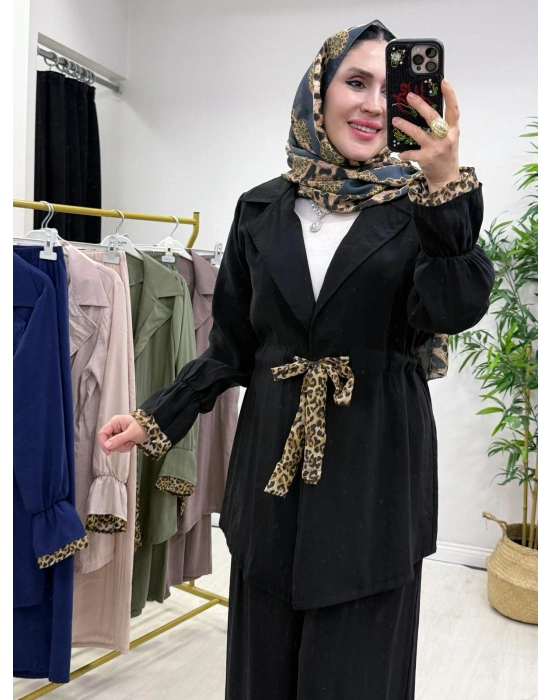 Leopar Detaylı Qupra Takım Siyah