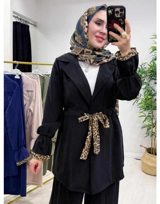 Leopar Detaylı Qupra Takım Siyah