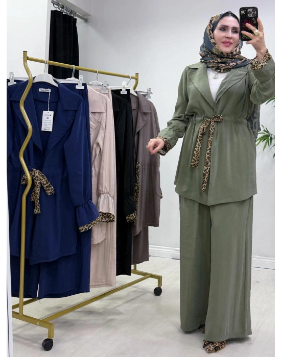 Leopar Detaylı Qupra Takım Yeşil