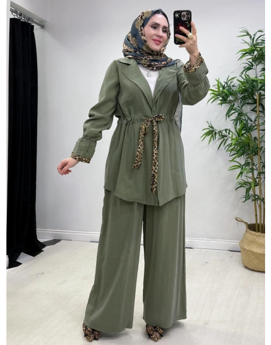 Leopar Detaylı Qupra Takım Yeşil