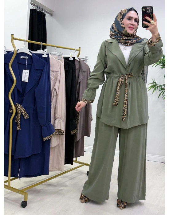 Leopar Detaylı Qupra Takım Yeşil