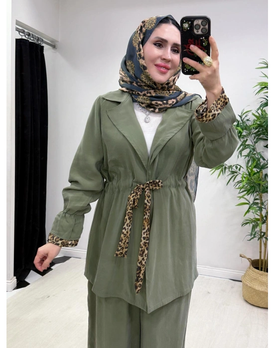 Leopar Detaylı Qupra Takım Yeşil