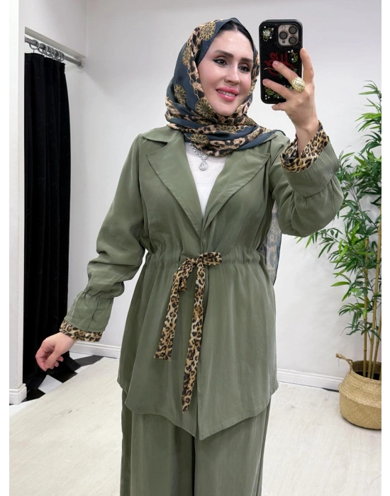 Leopar Detaylı Qupra Takım Yeşil