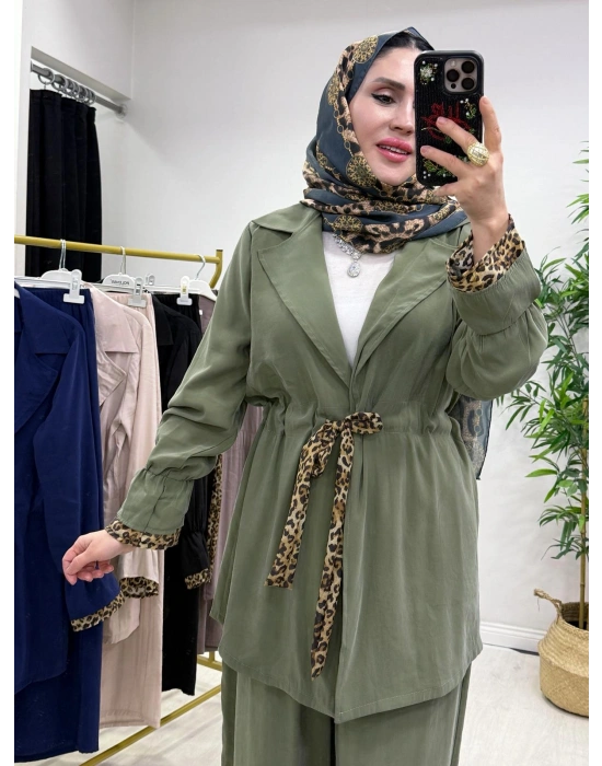 Leopar Detaylı Qupra Takım Yeşil