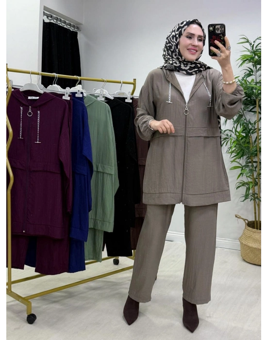 Ağaçkabuğu Kumaş Rahat Kalıp Takım Vizon