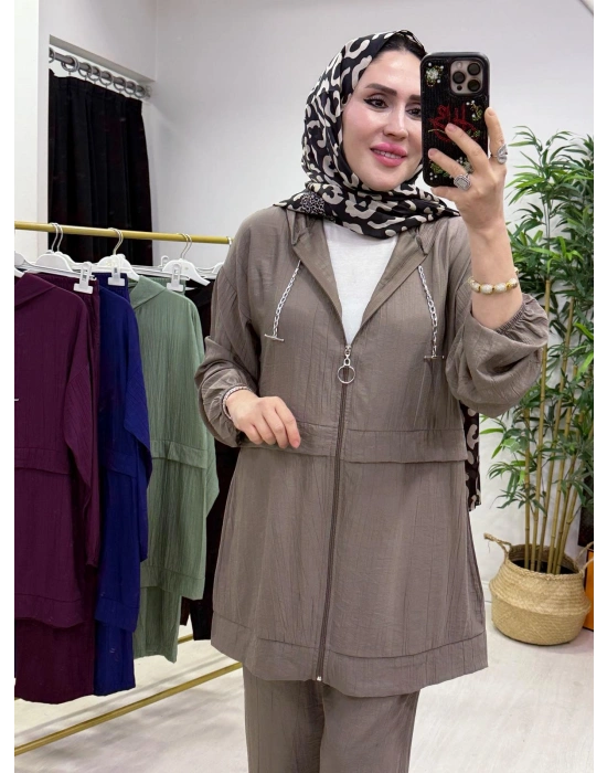 Ağaçkabuğu Kumaş Rahat Kalıp Takım Vizon