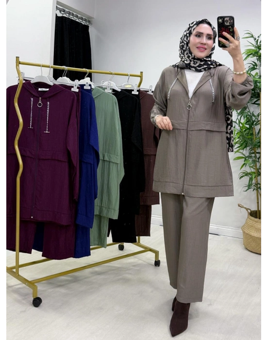 Ağaçkabuğu Kumaş Rahat Kalıp Takım Vizon