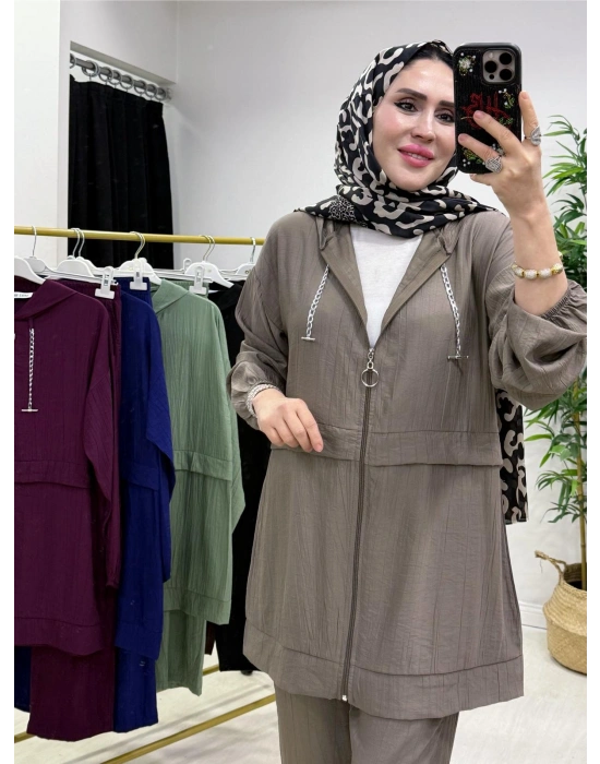 Ağaçkabuğu Kumaş Rahat Kalıp Takım Vizon