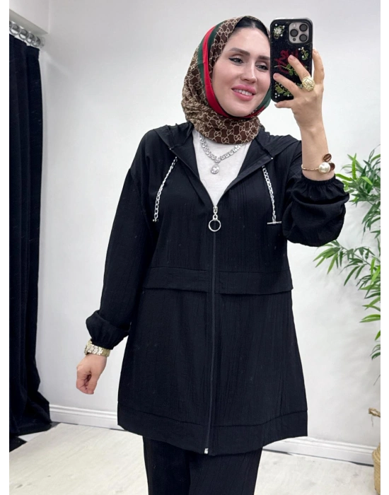 Ağaçkabuğu Kumaş Rahat Kalıp Takım Siyah