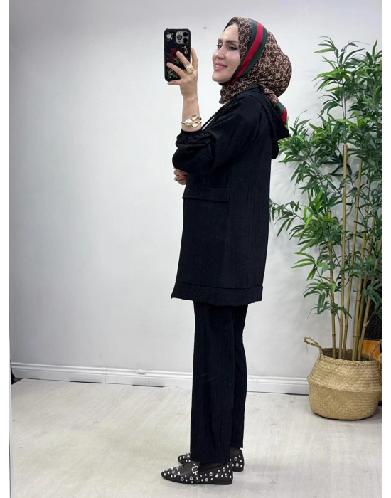 Ağaçkabuğu Kumaş Rahat Kalıp Takım Siyah