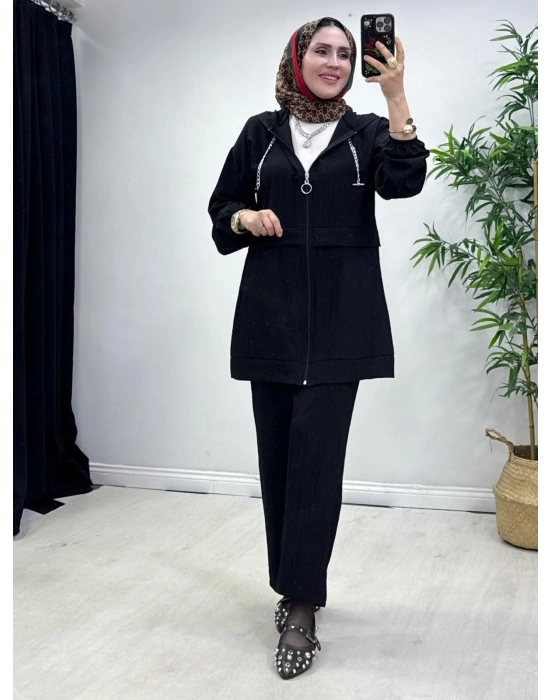 Ağaçkabuğu Kumaş Rahat Kalıp Takım Siyah