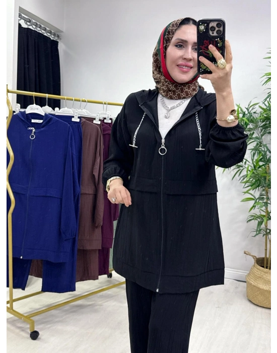 Ağaçkabuğu Kumaş Rahat Kalıp Takım Siyah