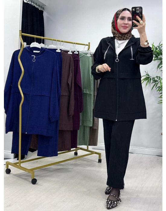 Ağaçkabuğu Kumaş Rahat Kalıp Takım Siyah