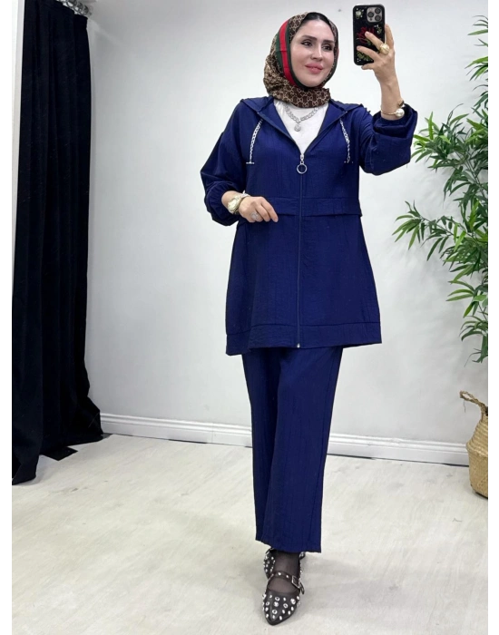 Ağaçkabuğu Kumaş Rahat Kalıp Takım Lacivert