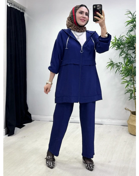 Ağaçkabuğu Kumaş Rahat Kalıp Takım Lacivert