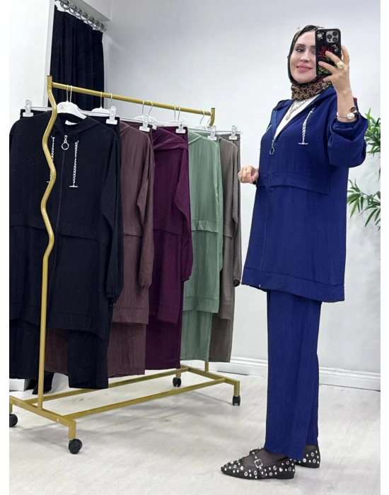 Ağaçkabuğu Kumaş Rahat Kalıp Takım Lacivert