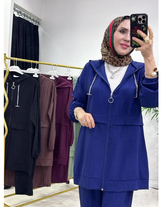 Ağaçkabuğu Kumaş Rahat Kalıp Takım Lacivert