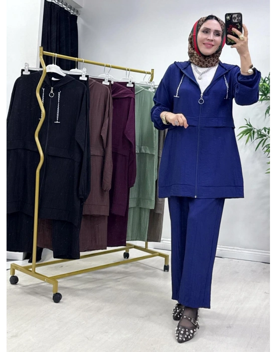 Ağaçkabuğu Kumaş Rahat Kalıp Takım Lacivert