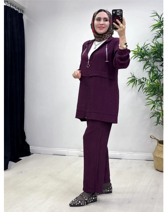 Ağaçkabuğu Kumaş Rahat Kalıp Takım Mürdüm