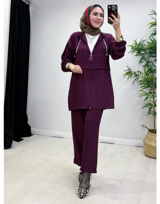 Ağaçkabuğu Kumaş Rahat Kalıp Takım Mürdüm