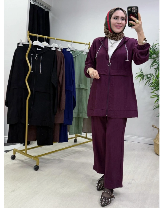 Ağaçkabuğu Kumaş Rahat Kalıp Takım Mürdüm