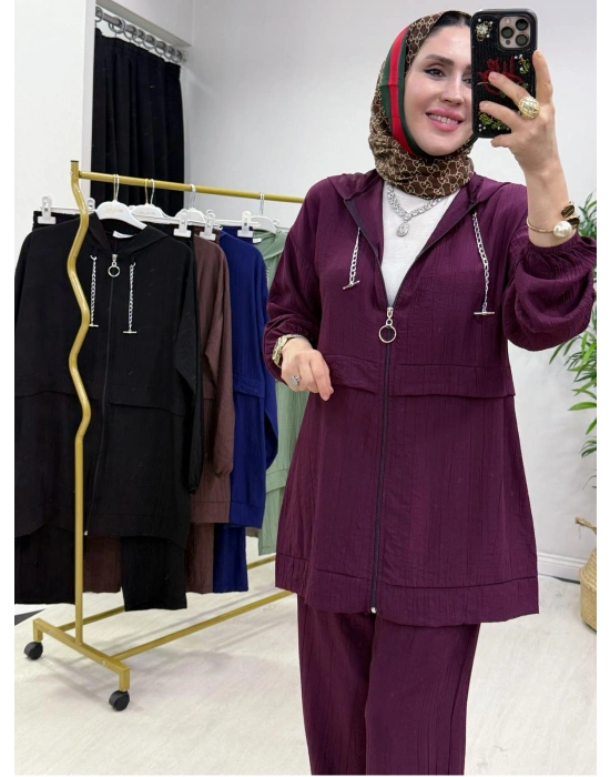 Ağaçkabuğu Kumaş Rahat Kalıp Takım Mürdüm