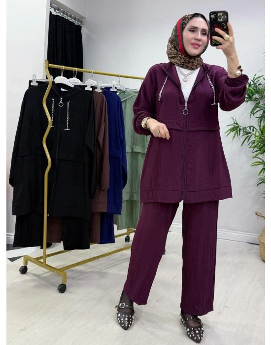 Ağaçkabuğu Kumaş Rahat Kalıp Takım Mürdüm