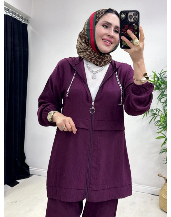 Ağaçkabuğu Kumaş Rahat Kalıp Takım Mürdüm