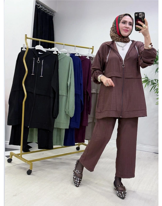 Ağaçkabuğu Kumaş Rahat Kalıp Takım Gül Kurusu