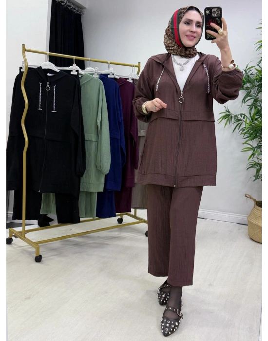 Ağaçkabuğu Kumaş Rahat Kalıp Takım Gül Kurusu