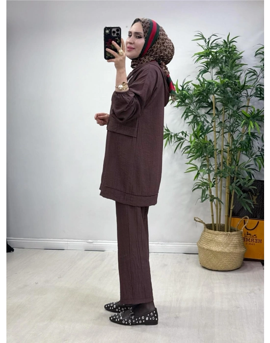 Ağaçkabuğu Kumaş Rahat Kalıp Takım Gül Kurusu