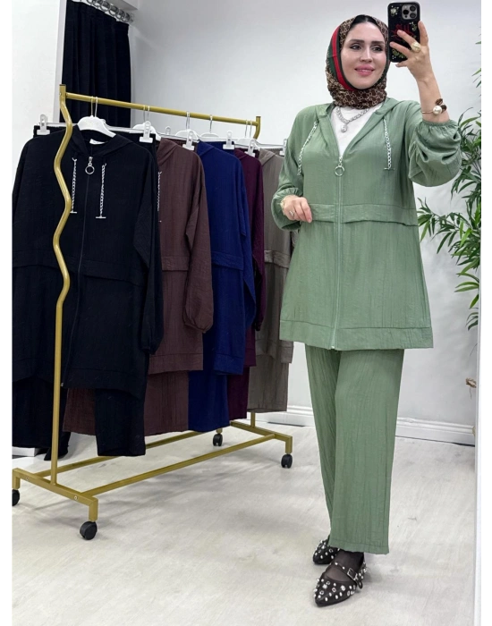 Ağaçkabuğu Kumaş Rahat Kalıp Takım Yeşil