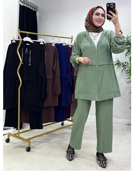 Ağaçkabuğu Kumaş Rahat Kalıp Takım Yeşil