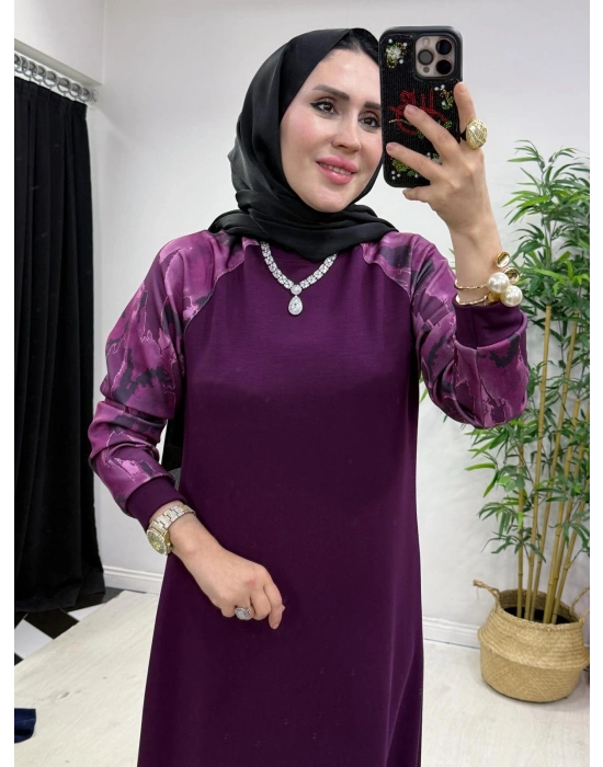 Batik Desenli Oysho Kumaş Elbise Mürdüm