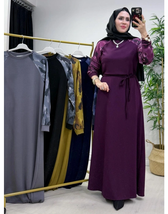 Batik Desenli Oysho Kumaş Elbise Mürdüm