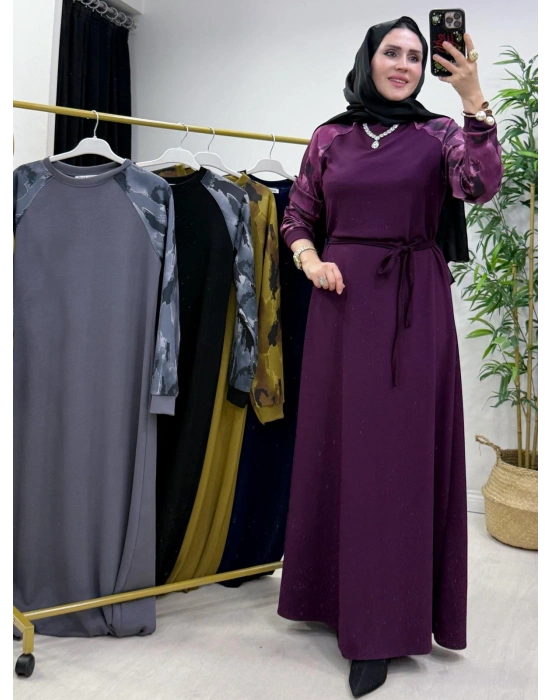 Batik Desenli Oysho Kumaş Elbise Mürdüm