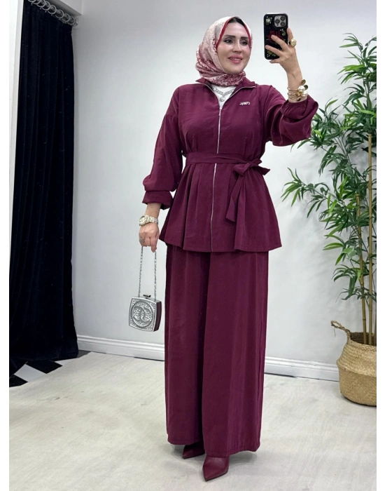 Kurdele Detaylı Modal Takım Bordo