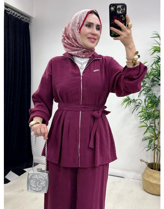 Kurdele Detaylı Modal Takım Bordo