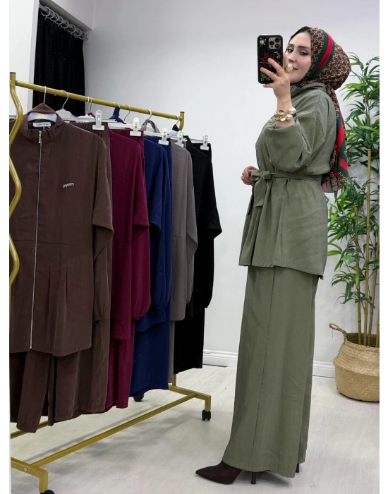 Kurdele Detaylı Modal Takım Haki Yeşil