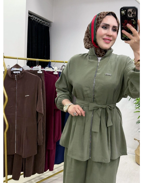 Kurdele Detaylı Modal Takım Haki Yeşil