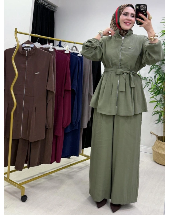 Kurdele Detaylı Modal Takım Haki Yeşil