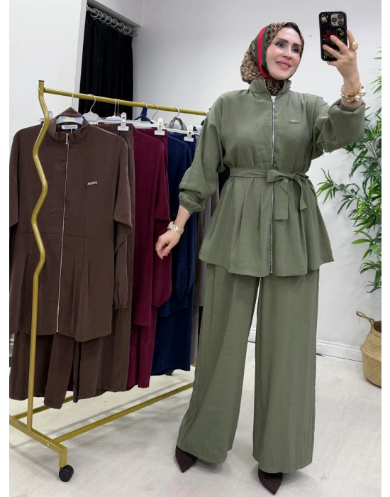 Kurdele Detaylı Modal Takım Haki Yeşil