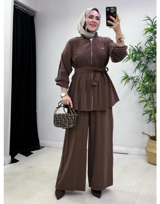 Kurdele Detaylı Modal Takım Kahverengi